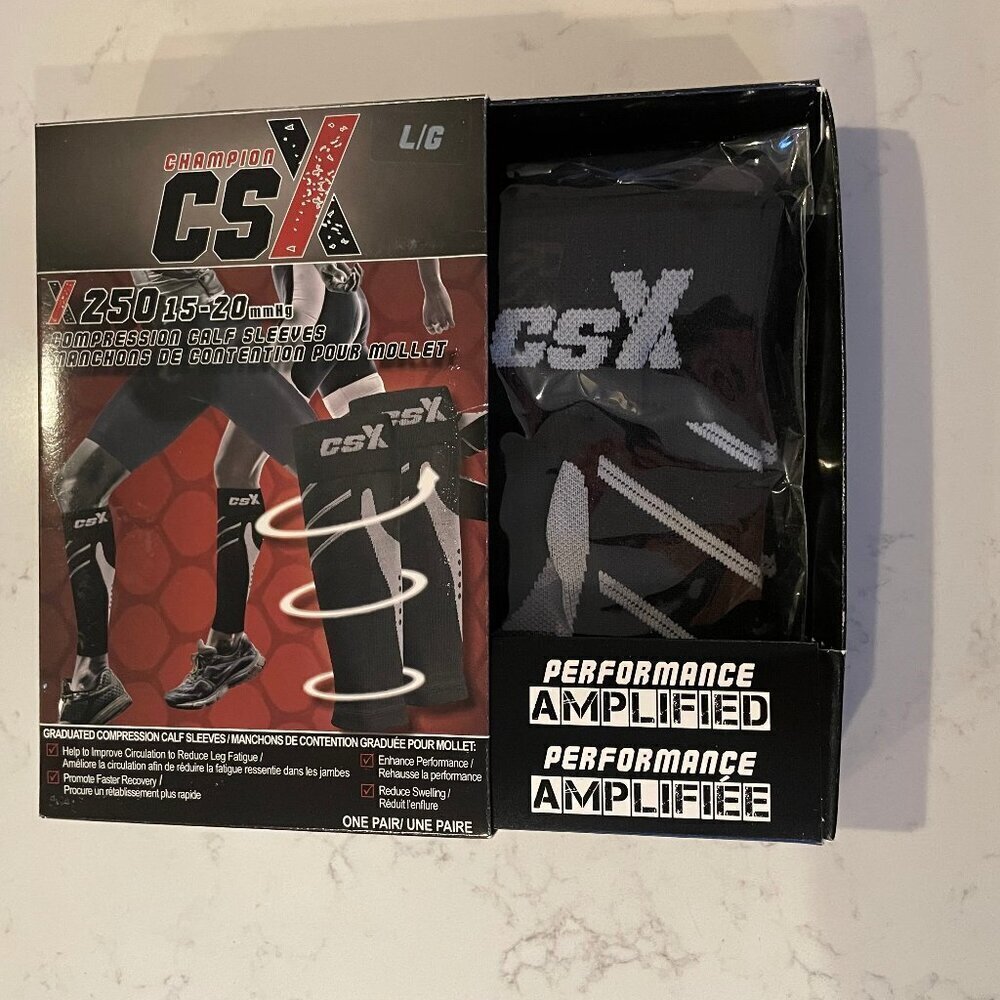 Champion CSX 250 15-20mmHg Performance Compression Calf Sleeves Black Grey L NWT